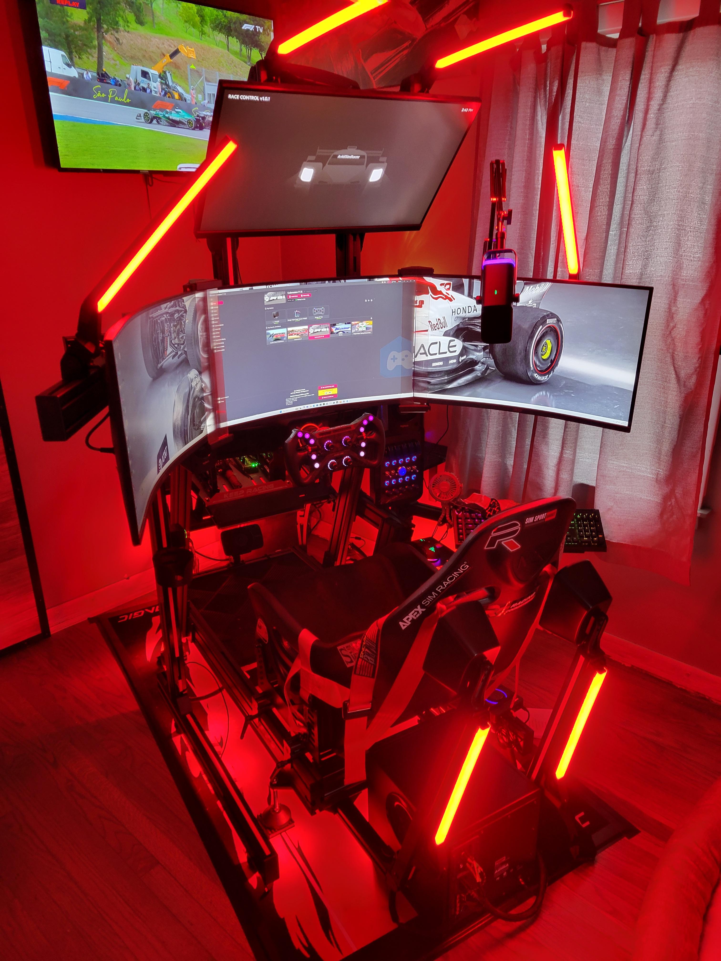 This is my current rig after a lot of updates.  Started in Nov of last year with a NLR F-gt rig and a T-598 with a 55" TV mounted to rig, to what I have now.  Still upgrading or adding or changing stuff as it never ends.  I'm very happy with it.  My computer is my latestest upgrade.  The speaker/light mounts on rear I really like and love the look.  All my Govee light mounts from this guy on Etsy SinhRig.  Next upgrades are up in the air..ASR pro rig, Slip-Angle 4 corners.  The rdy set sim PC is not where I got mine.  I added to show price it costed me and to add to total.